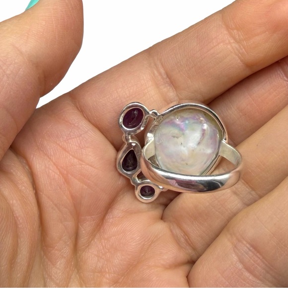 Genuine Pearl & Amethyst Ring Size 9 Solid 925 Sterling Silver - Picture 9 of 10
